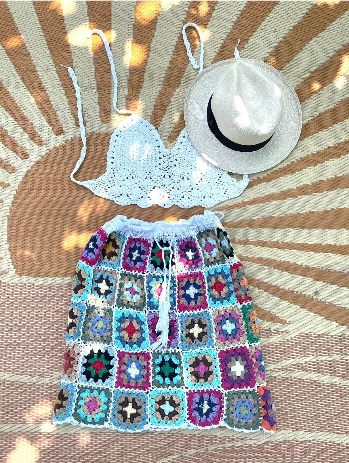 Handmade organic cotton granny square skirt and crop halter top