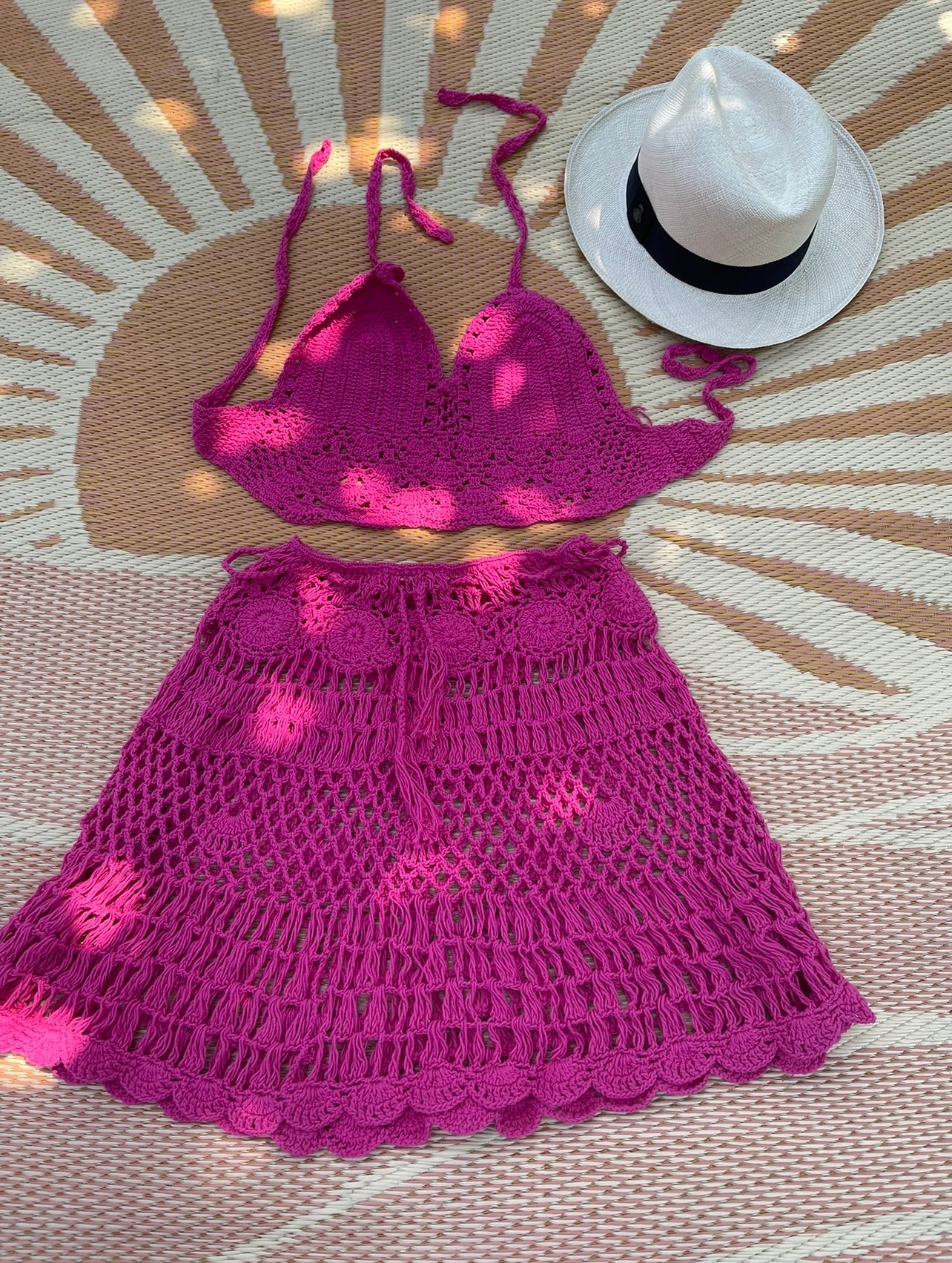 Handmade cotton crochet skirt halter top sat