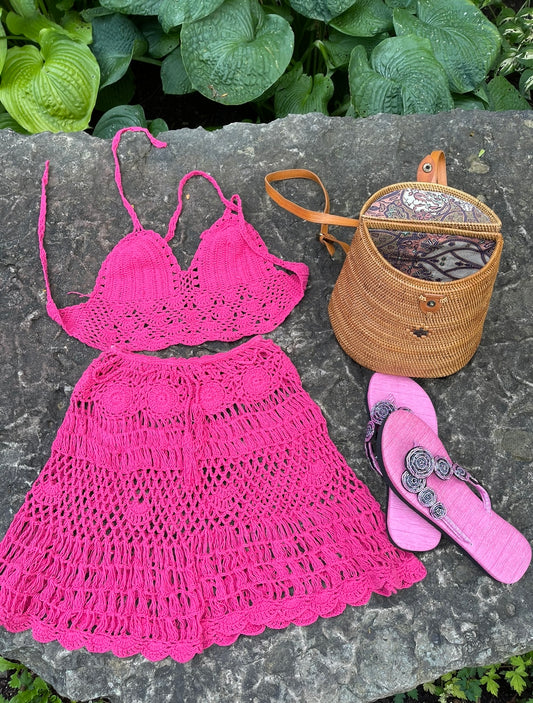 Handmade cotton crochet skirt halter top sat