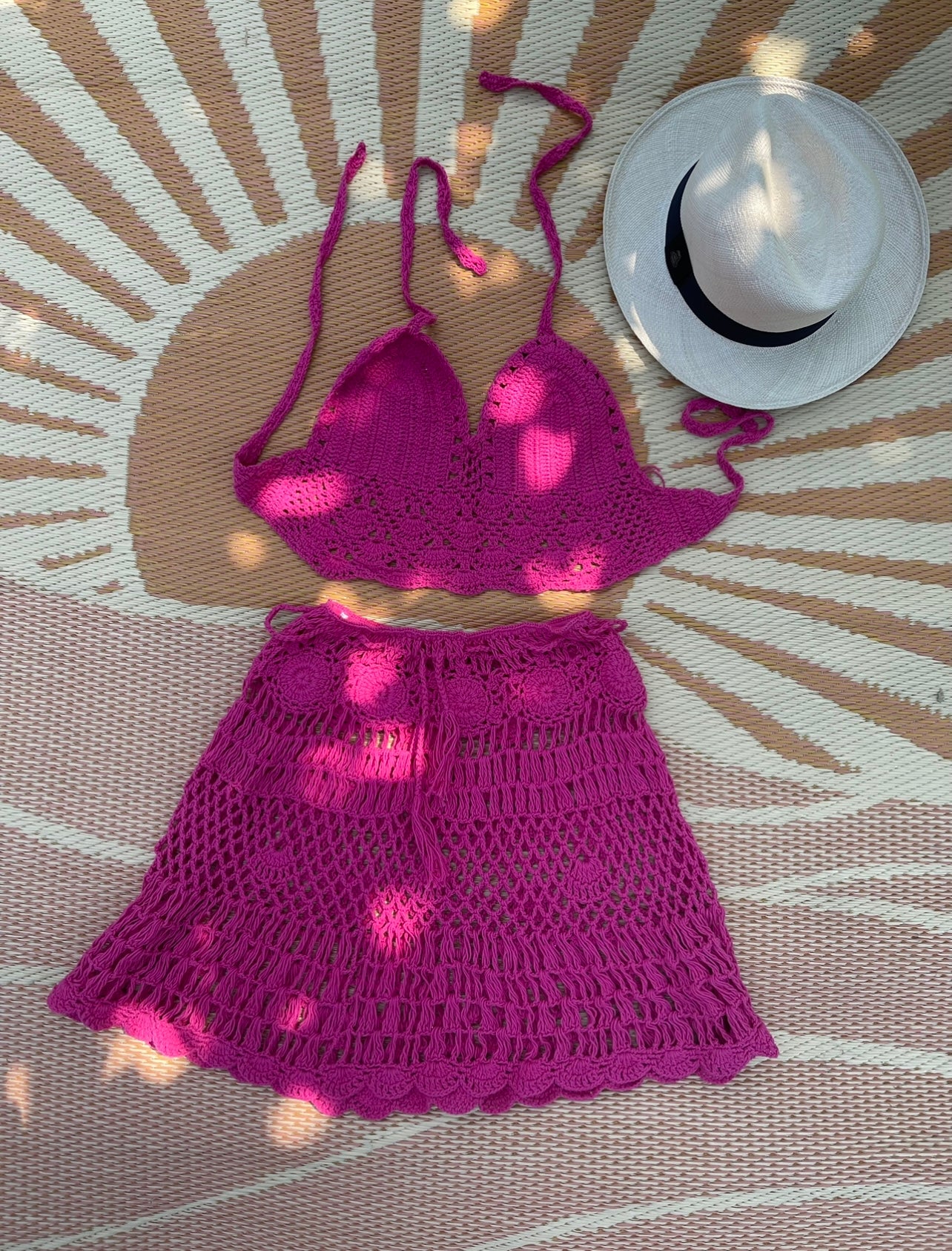 Handmade cotton crochet skirt halter top sat